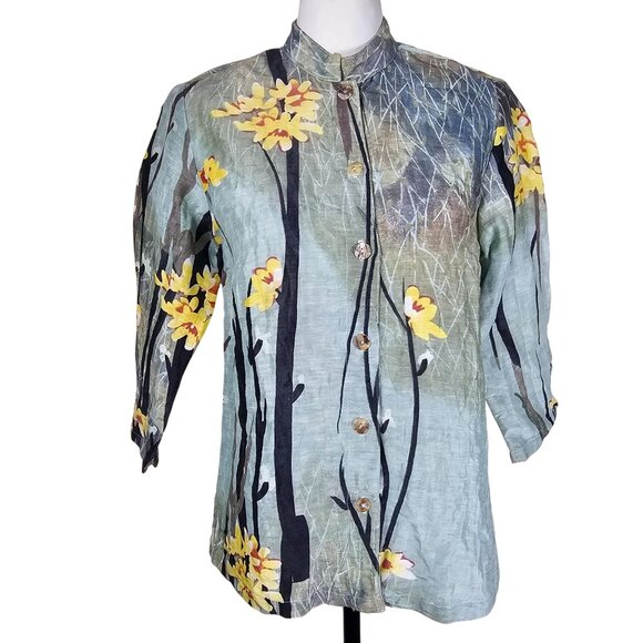 Citron Watercolor Floral Linen Silk Button Up Shirt XS Mandarin Collar Coastal - Picture 1 of 9